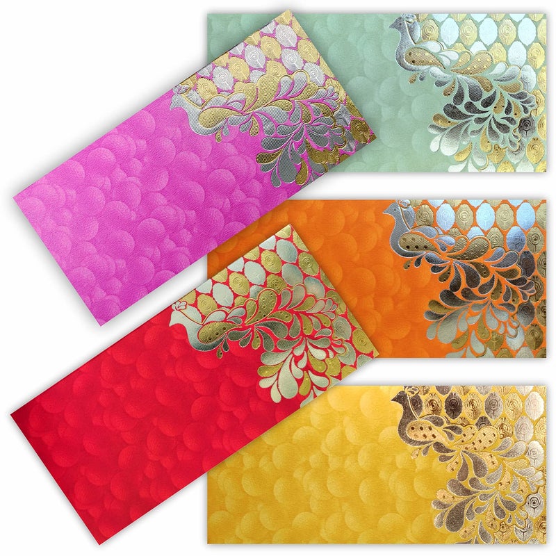 PARTH IMPEX Shagun Gift Envelope for Cash (Pack of 50) 7.5" x 3.5" Peacock Feather Gold Silver Foil Stamping Assorted Color Money Holder Card for Christmas Diwali Birthday Wedding Graduation - Image 1